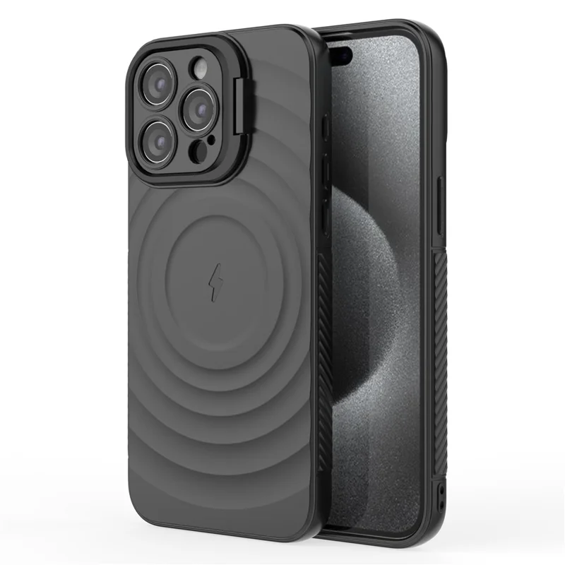 For iPhone 16 Pro Max Case PC Kickstand Ripple Texture TPU Phone Cover Compatible with MagSafe - Black