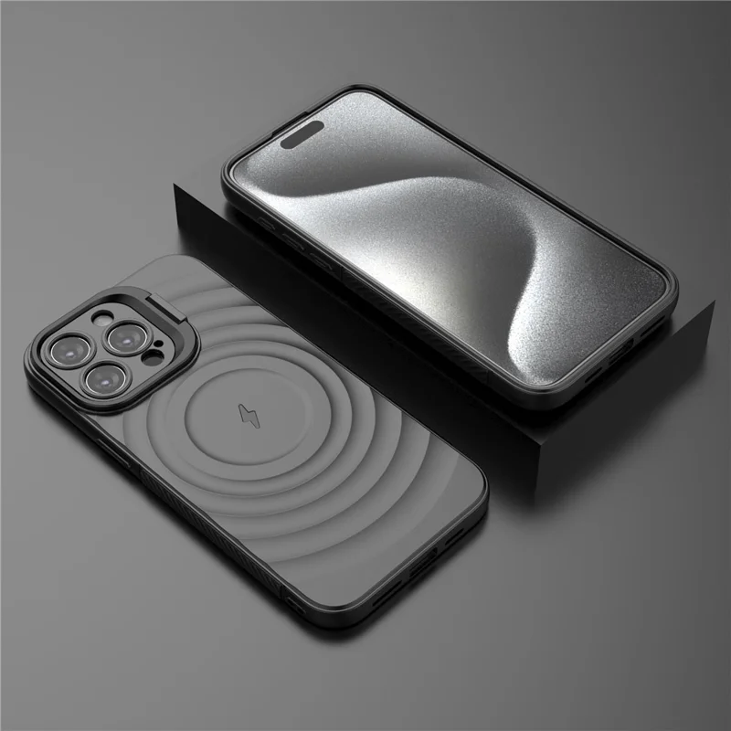 For iPhone 16 Pro Max Case PC Kickstand Ripple Texture TPU Phone Cover Compatible with MagSafe - Black