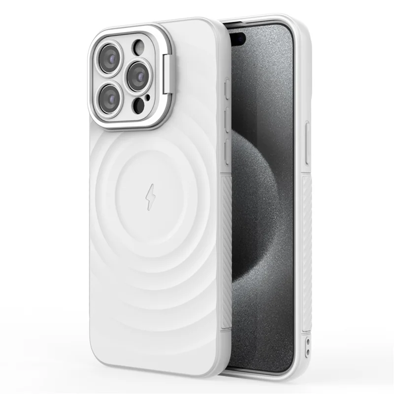 For iPhone 16 Pro Max Case PC Kickstand Ripple Texture TPU Phone Cover Compatible with MagSafe - White