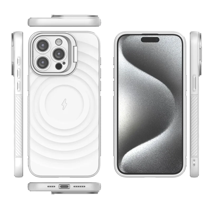 For iPhone 16 Pro Max Case PC Kickstand Ripple Texture TPU Phone Cover Compatible with MagSafe - White