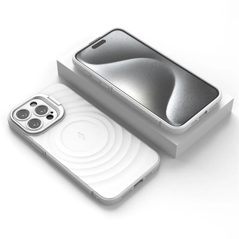 For iPhone 16 Pro Max Case PC Kickstand Ripple Texture TPU Phone Cover Compatible with MagSafe - White
