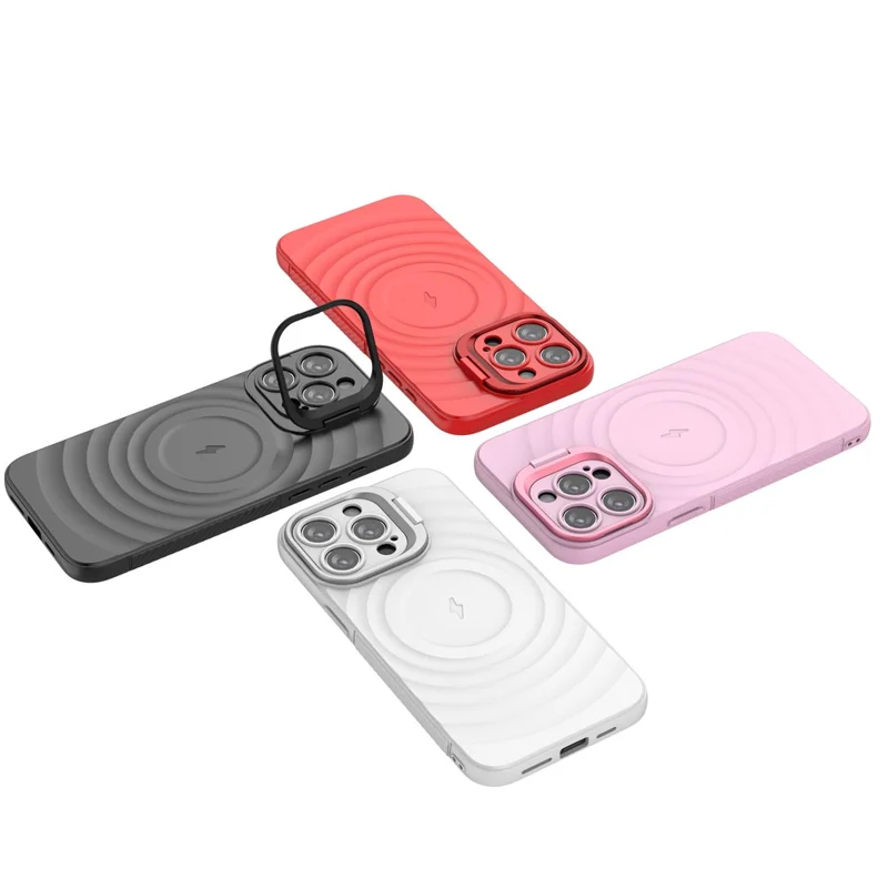 For iPhone 16 Pro Max Case PC Kickstand Ripple Texture TPU Phone Cover Compatible with MagSafe - White