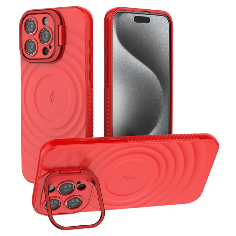 For iPhone 16 Pro Max Case PC Kickstand Ripple Texture TPU Phone Cover Compatible with MagSafe - Red