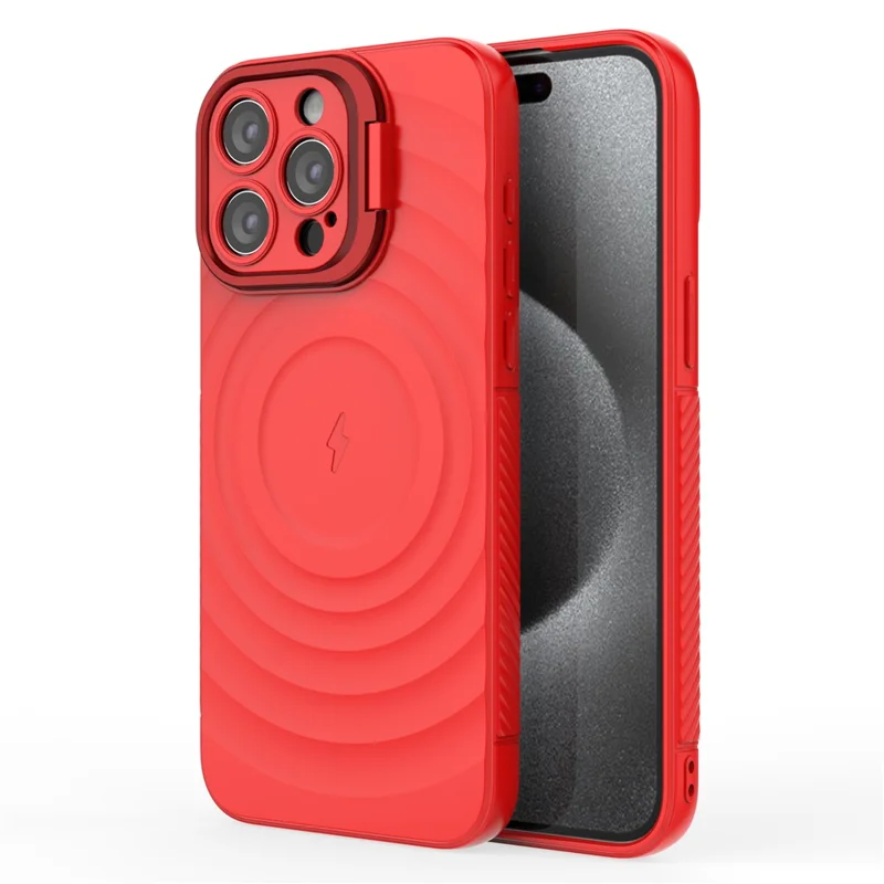 For iPhone 16 Pro Max Case PC Kickstand Ripple Texture TPU Phone Cover Compatible with MagSafe - Red