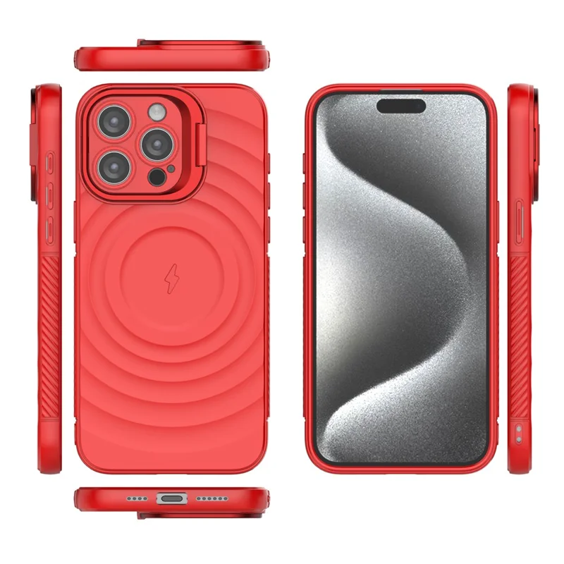 For iPhone 16 Pro Max Case PC Kickstand Ripple Texture TPU Phone Cover Compatible with MagSafe - Red