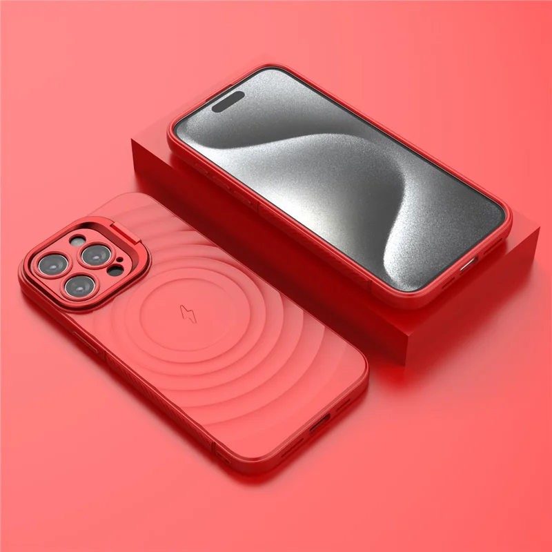 For iPhone 16 Pro Max Case PC Kickstand Ripple Texture TPU Phone Cover Compatible with MagSafe - Red