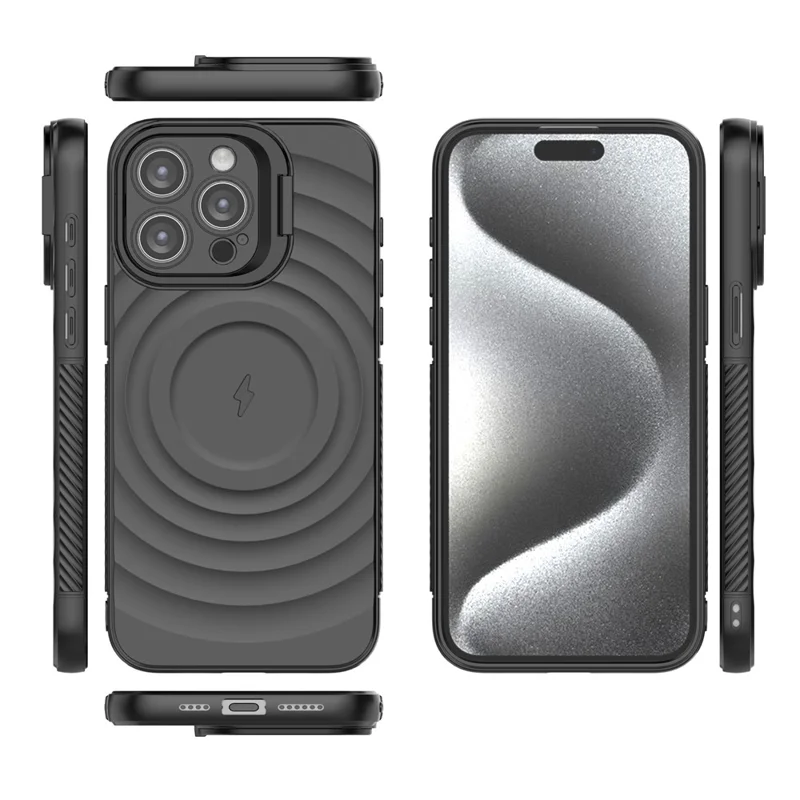 For iPhone 16 Pro Magnetic Case PC Kickstand Ripple Texture TPU Phone Cover - Black
