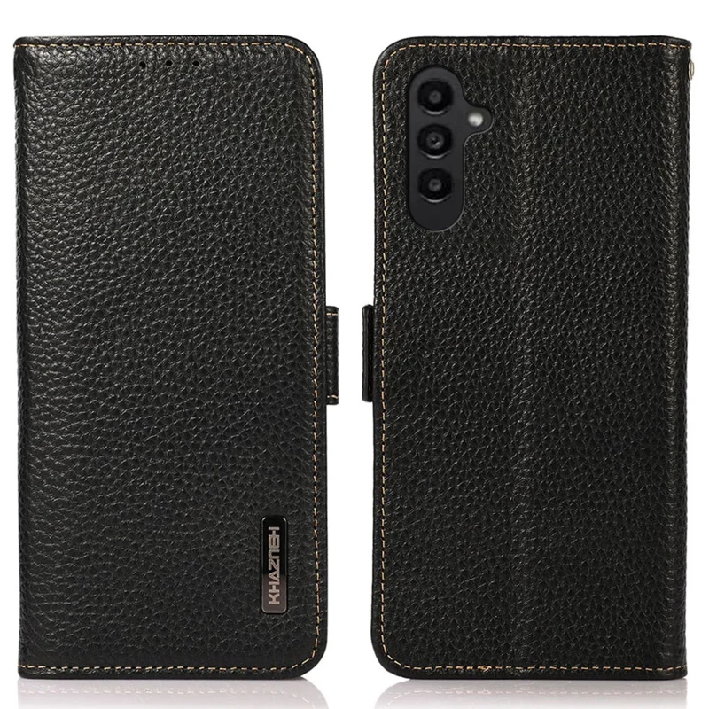 KHAZNEH For Samsung Galaxy S24 FE Phone Case RFID Blocking Genuine Cow Leather Flip Cover - Black
