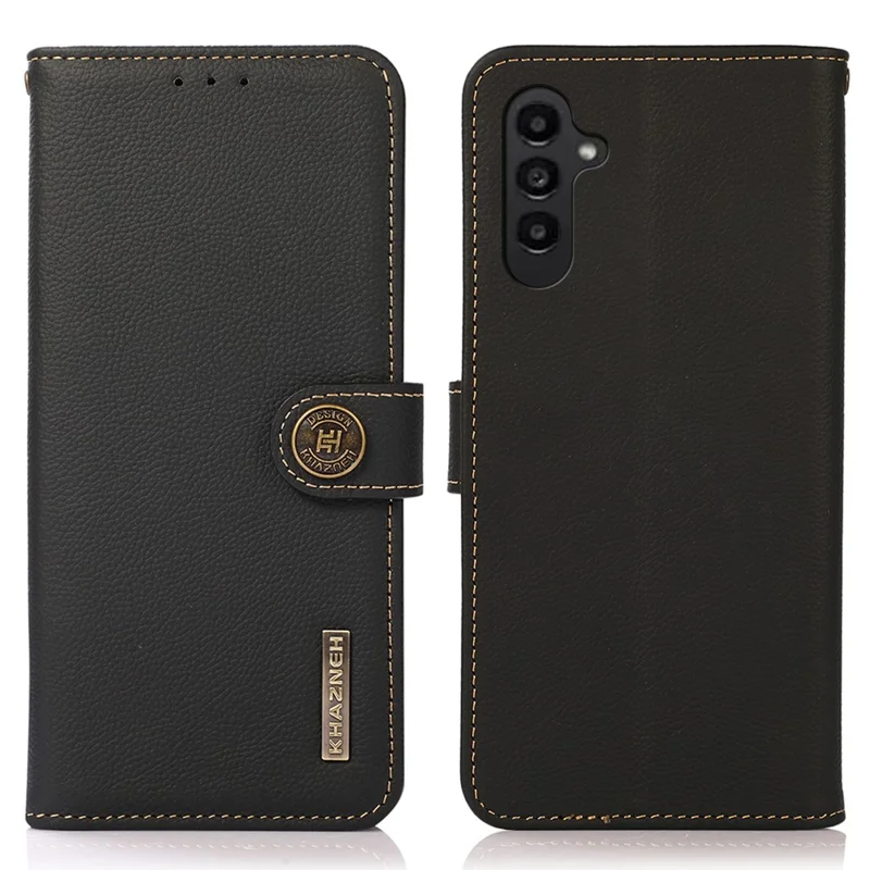KHAZNEH For Samsung Galaxy S24 FE Case RFID Blocking Genuine Cow Leather RFID Blocking Wallet Phone Cover - Black