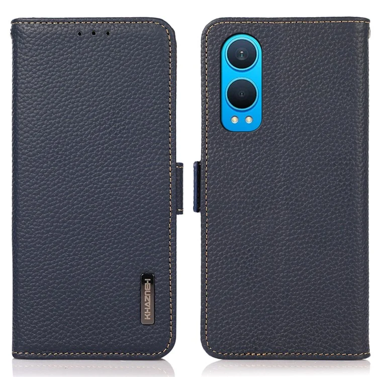 KHAZNEH For OnePlus Nord CE4 Lite 5G / Oppo K12x 5G (China) Phone Case Genuine Cow Leather Cover RFID Blocking - Blue