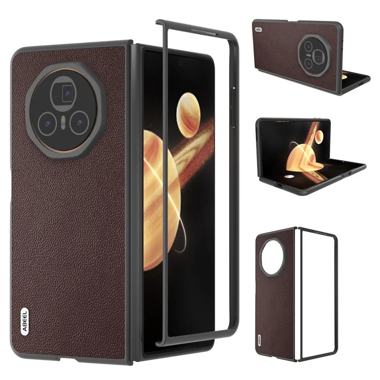 Étui ABEEL For Honor Magic V3 5G en véritable cuir de vache avec bord noir - Café