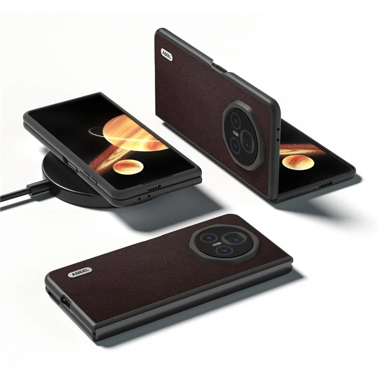 Étui ABEEL For Honor Magic V3 5G en véritable cuir de vache avec bord noir - Café