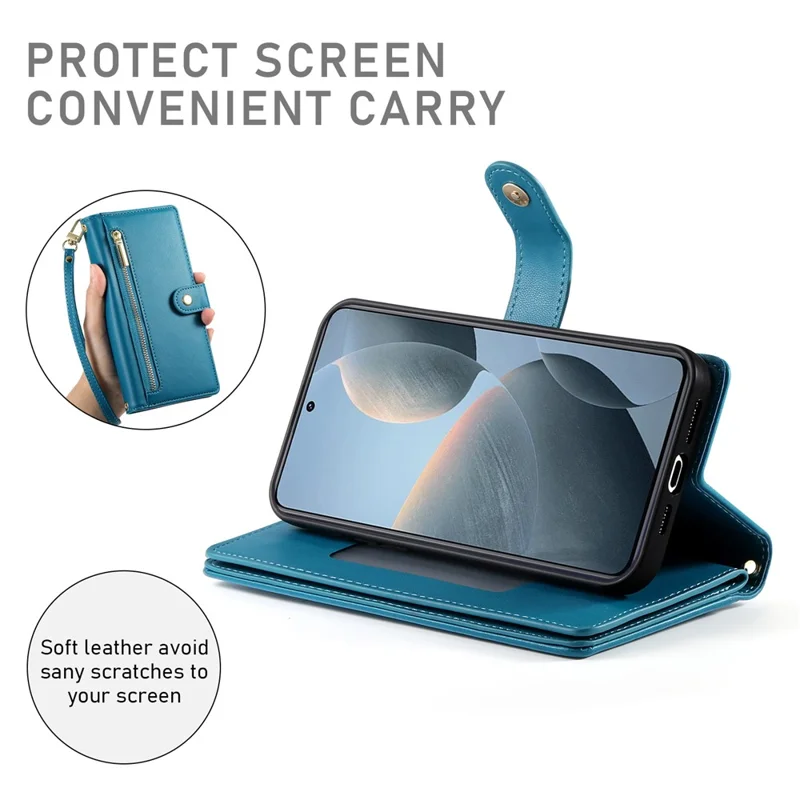 DF-011 For Xiaomi Poco X6 Pro 5G / Redmi K70E 5G Leather Case Zipper Wallet Multiple Card Slots - Blue