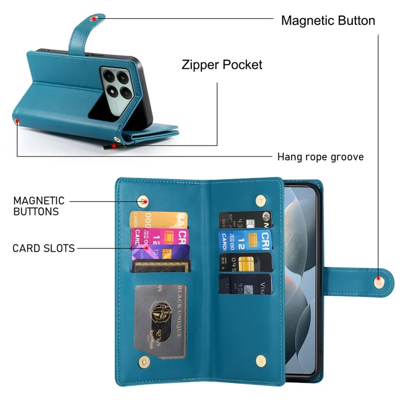DF-011 For Xiaomi Poco X6 Pro 5G / Redmi K70E 5G Leather Case Zipper Wallet Multiple Card Slots - Blue