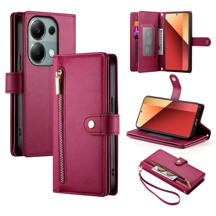 DF-011 Für Xiaomi Poco M6 Pro 4G / Redmi Note 13 Pro 4G Wallet Case Reißverschluss Leder Handyhülle - Rot