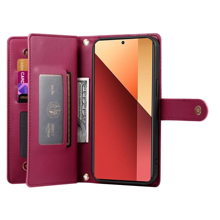DF-011 Für Xiaomi Poco M6 Pro 4G / Redmi Note 13 Pro 4G Wallet Case Reißverschluss Leder Handyhülle - Rot