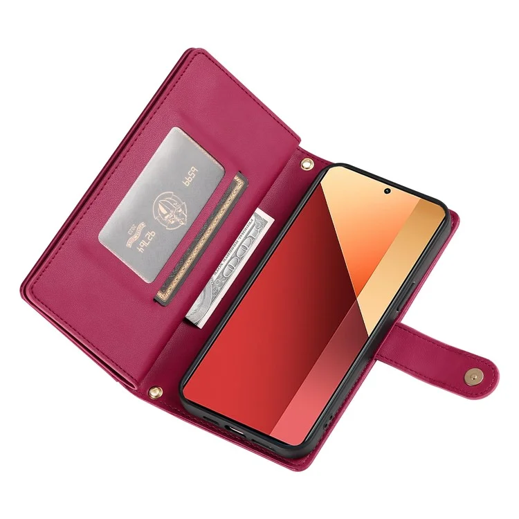 DF-011 Für Xiaomi Poco M6 Pro 4G / Redmi Note 13 Pro 4G Wallet Case Reißverschluss Leder Handyhülle - Rot