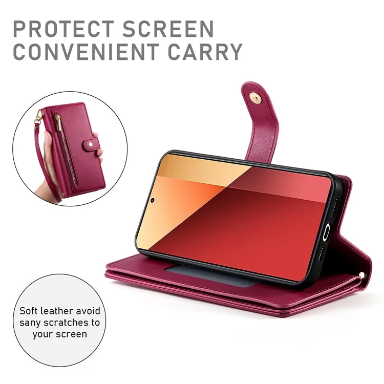 DF-011 Für Xiaomi Poco M6 Pro 4G / Redmi Note 13 Pro 4G Wallet Case Reißverschluss Leder Handyhülle - Rot
