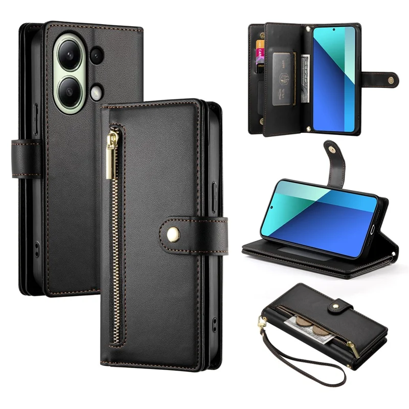 DF-011 For Xiaomi Redmi Note 13 4G Leather Case Zipper Phone Cover with Hand Strap / Shoulder Strap - Black
