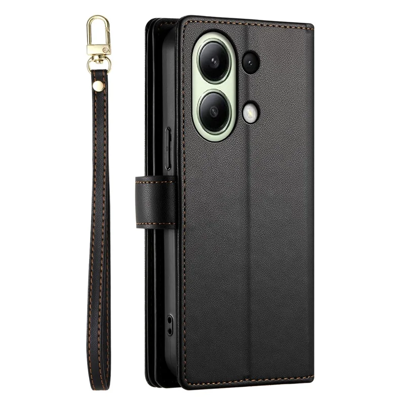 DF-011 For Xiaomi Redmi Note 13 4G Leather Case Zipper Phone Cover with Hand Strap / Shoulder Strap - Black
