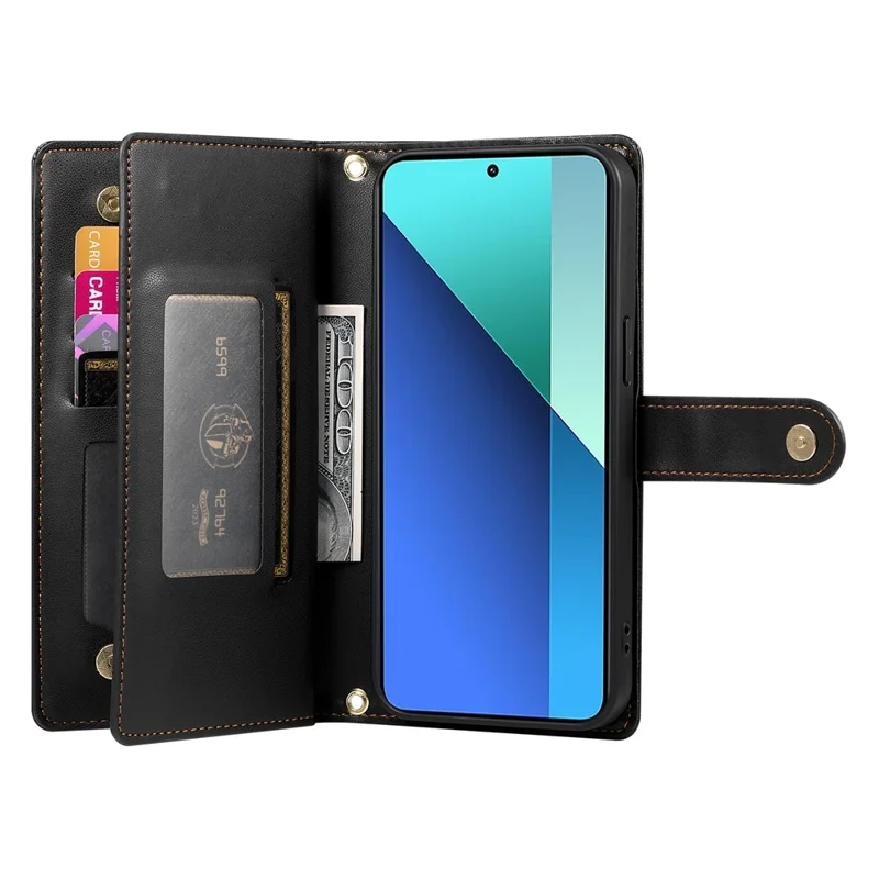 DF-011 For Xiaomi Redmi Note 13 4G Leather Case Zipper Phone Cover with Hand Strap / Shoulder Strap - Black