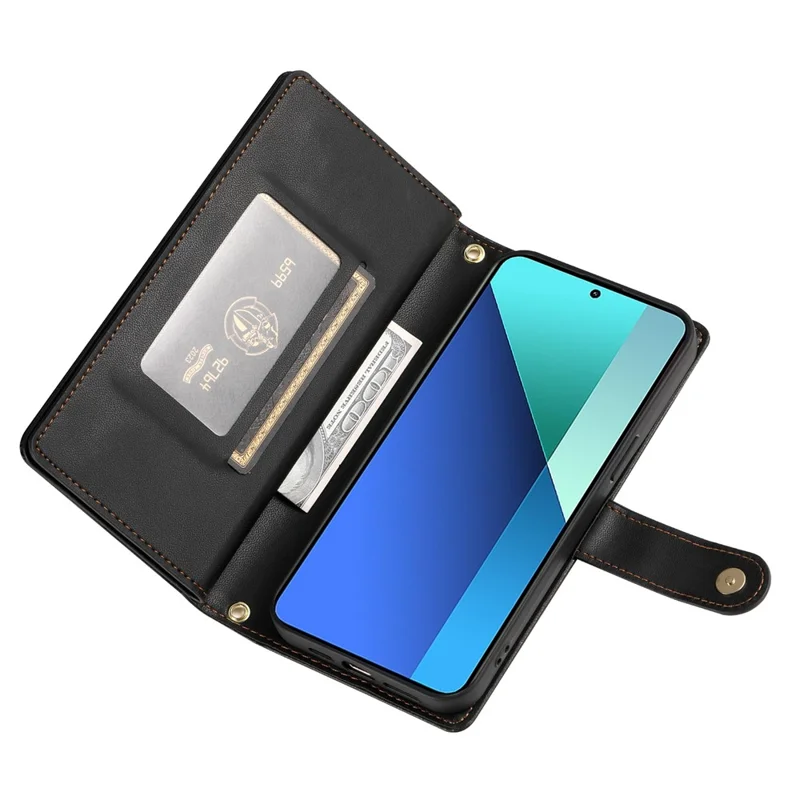 DF-011 For Xiaomi Redmi Note 13 4G Leather Case Zipper Phone Cover with Hand Strap / Shoulder Strap - Black