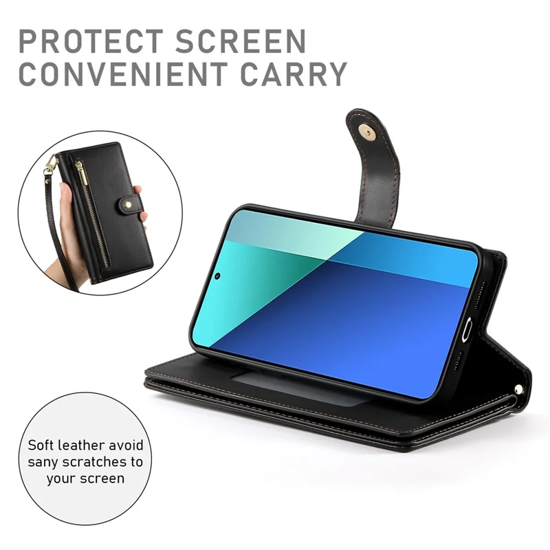 DF-011 For Xiaomi Redmi Note 13 4G Leather Case Zipper Phone Cover with Hand Strap / Shoulder Strap - Black