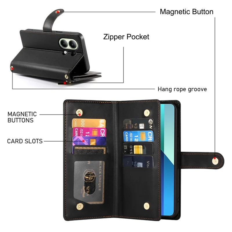 DF-011 For Xiaomi Redmi Note 13 4G Leather Case Zipper Phone Cover with Hand Strap / Shoulder Strap - Black