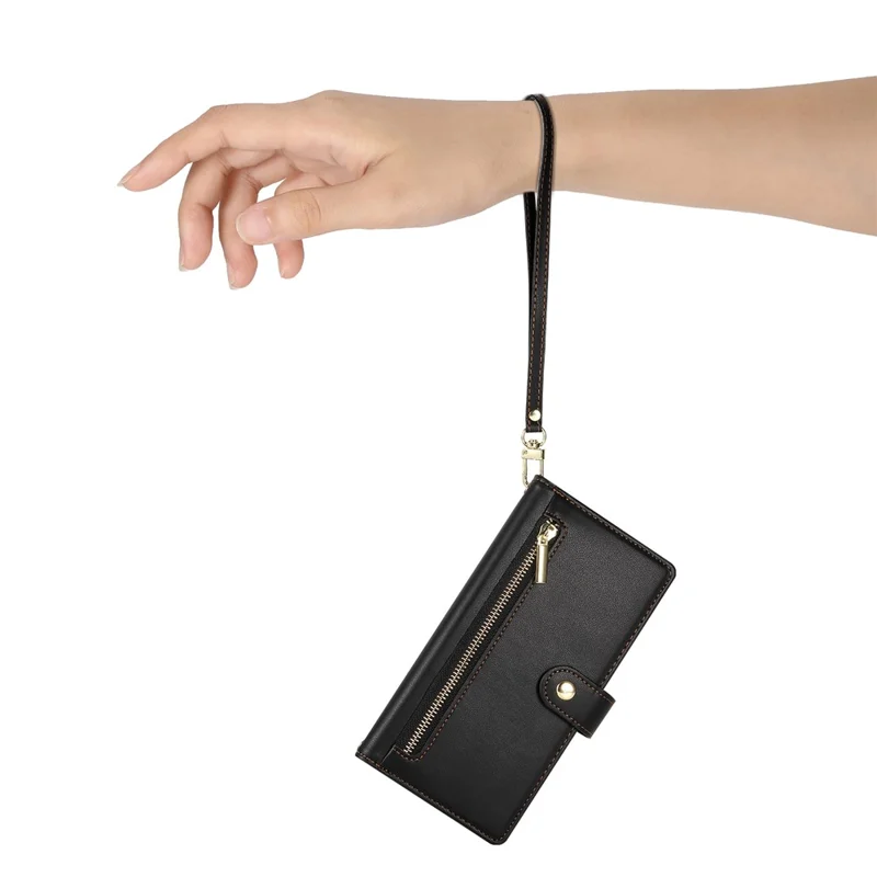 DF-011 For Xiaomi Redmi Note 13 4G Leather Case Zipper Phone Cover with Hand Strap / Shoulder Strap - Black