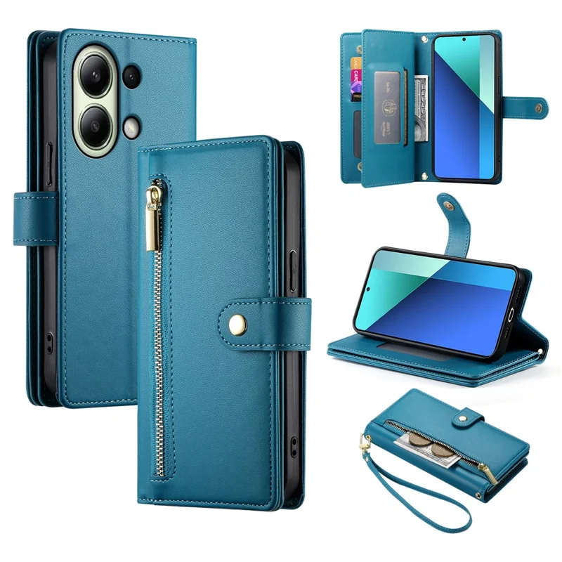 DF-011 For Xiaomi Redmi Note 13 4G Leather Case Zipper Phone Cover with Hand Strap / Shoulder Strap - Blue