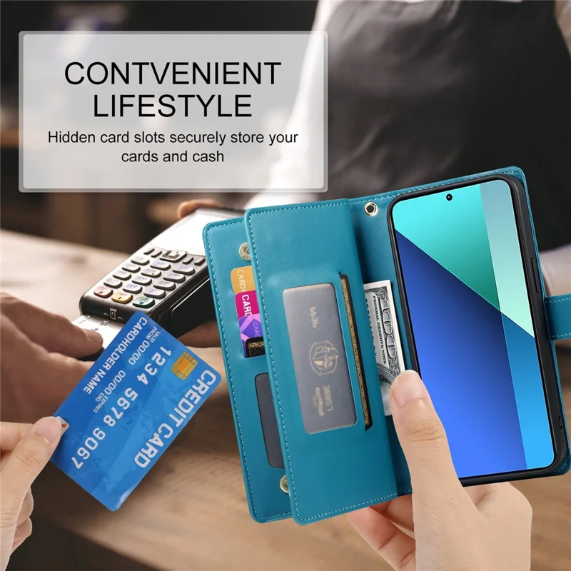 DF-011 For Xiaomi Redmi Note 13 4G Leather Case Zipper Phone Cover with Hand Strap / Shoulder Strap - Blue