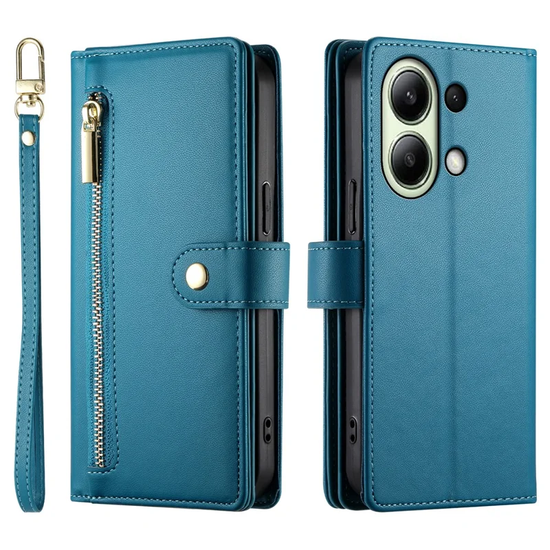 DF-011 For Xiaomi Redmi Note 13 4G Leather Case Zipper Phone Cover with Hand Strap / Shoulder Strap - Blue
