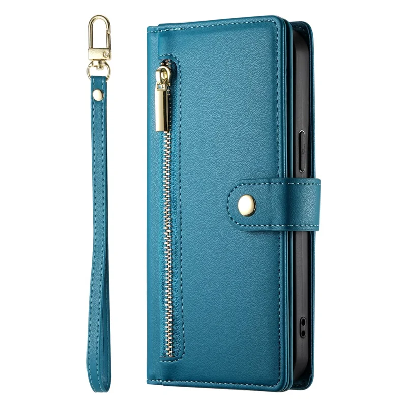 DF-011 For Xiaomi Redmi Note 13 4G Leather Case Zipper Phone Cover with Hand Strap / Shoulder Strap - Blue