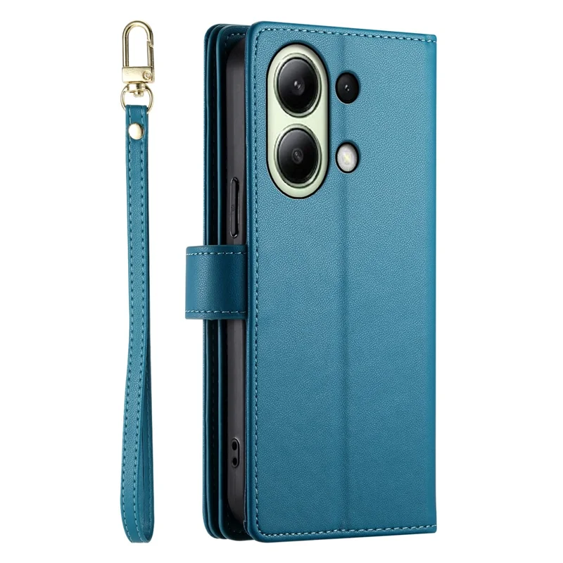 DF-011 For Xiaomi Redmi Note 13 4G Leather Case Zipper Phone Cover with Hand Strap / Shoulder Strap - Blue