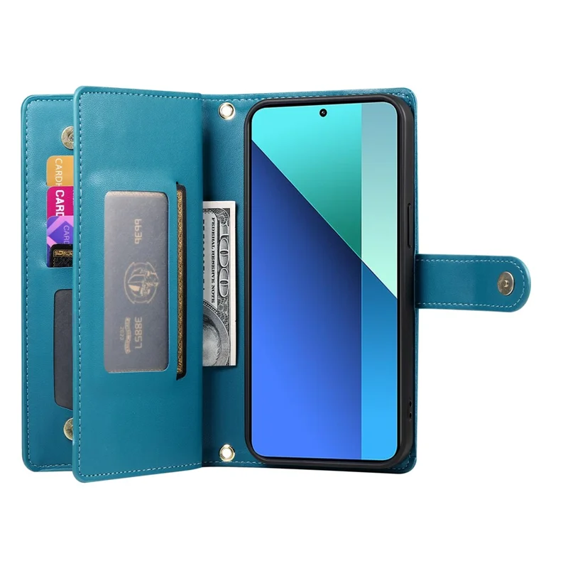 DF-011 For Xiaomi Redmi Note 13 4G Leather Case Zipper Phone Cover with Hand Strap / Shoulder Strap - Blue