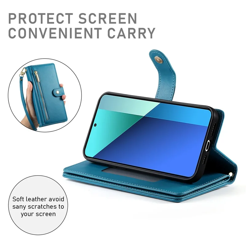 DF-011 For Xiaomi Redmi Note 13 4G Leather Case Zipper Phone Cover with Hand Strap / Shoulder Strap - Blue