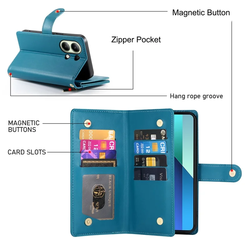 DF-011 For Xiaomi Redmi Note 13 4G Leather Case Zipper Phone Cover with Hand Strap / Shoulder Strap - Blue