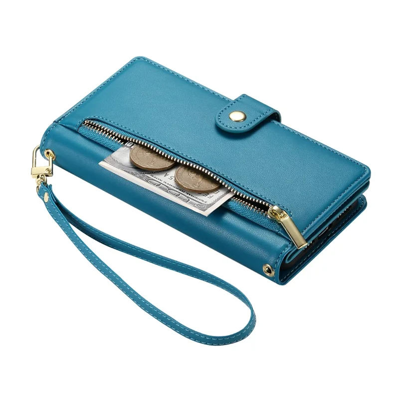 DF-011 For Xiaomi Redmi Note 13 4G Leather Case Zipper Phone Cover with Hand Strap / Shoulder Strap - Blue
