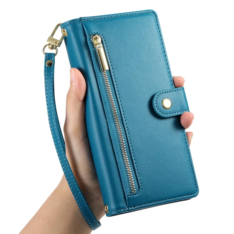 DF-011 For Xiaomi Redmi Note 13 4G Leather Case Zipper Phone Cover with Hand Strap / Shoulder Strap - Blue