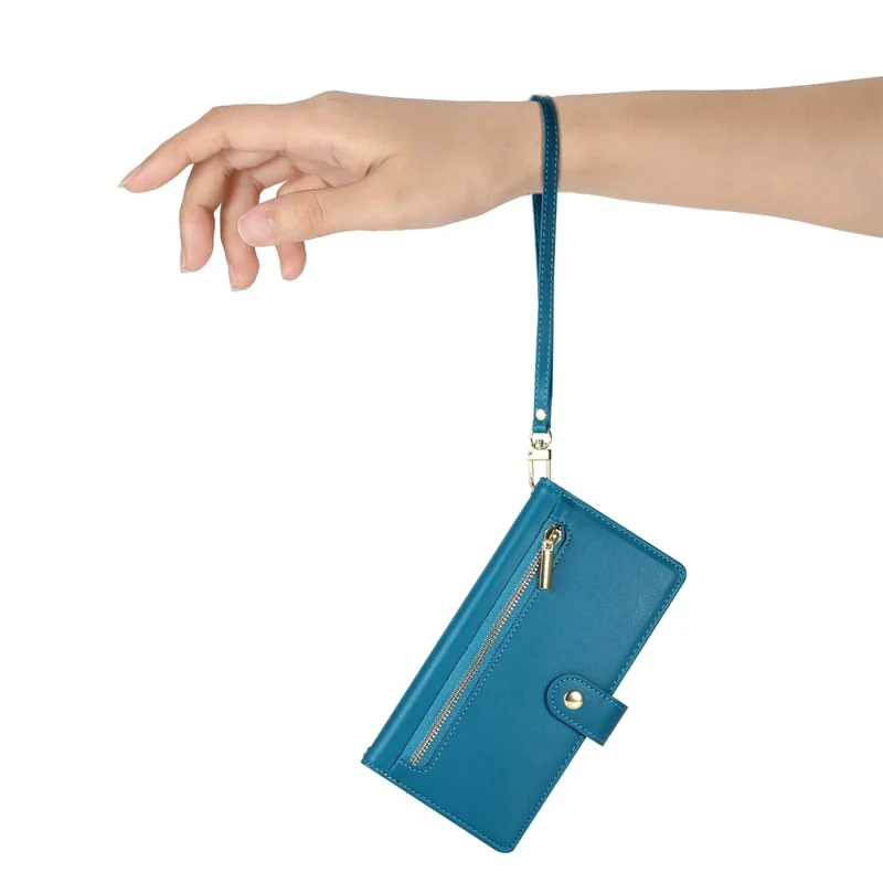 DF-011 For Xiaomi Redmi Note 13 4G Leather Case Zipper Phone Cover with Hand Strap / Shoulder Strap - Blue