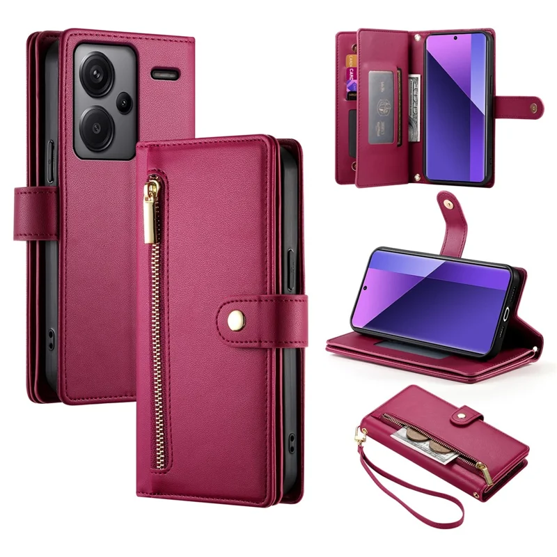DF-011 Voor Xiaomi Redmi Note 13 Pro+ 5G Hoesje met Rits Portemonnee Leren Telefoonhoes met Standfunctie - Rood
