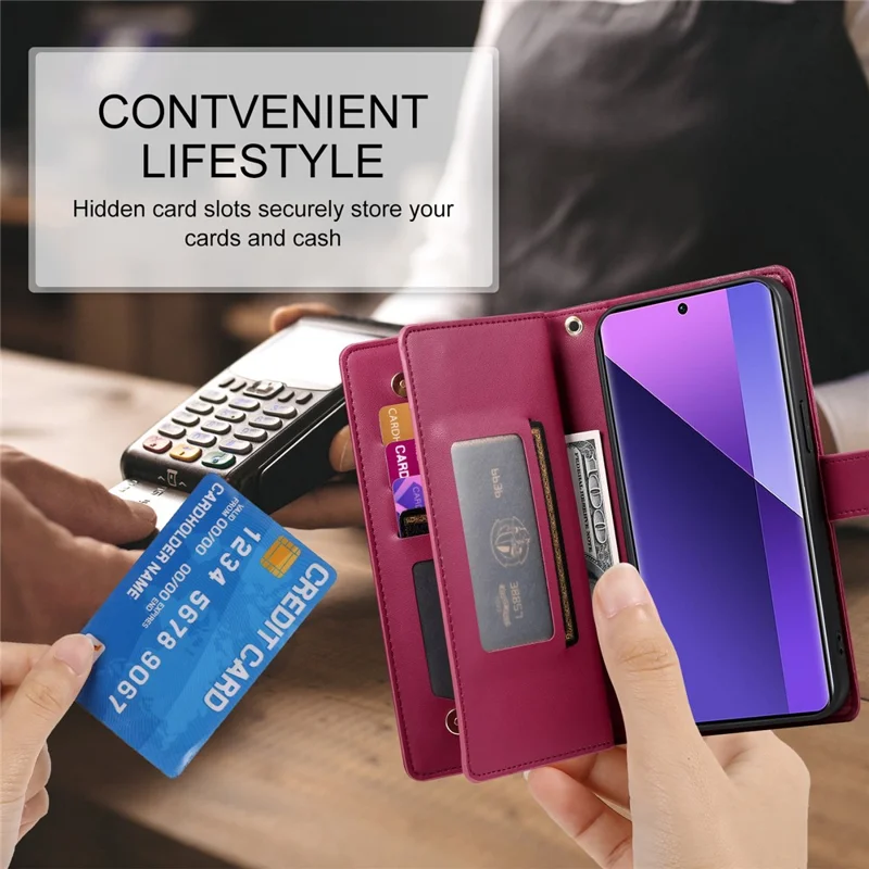 DF-011 Voor Xiaomi Redmi Note 13 Pro+ 5G Hoesje met Rits Portemonnee Leren Telefoonhoes met Standfunctie - Rood