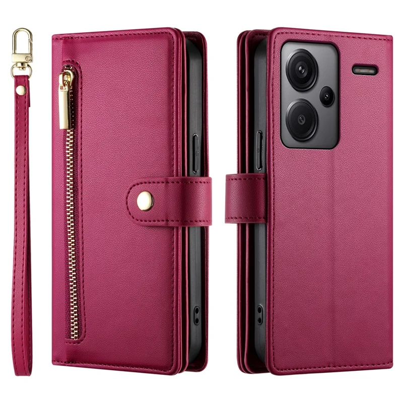 DF-011 Voor Xiaomi Redmi Note 13 Pro+ 5G Hoesje met Rits Portemonnee Leren Telefoonhoes met Standfunctie - Rood