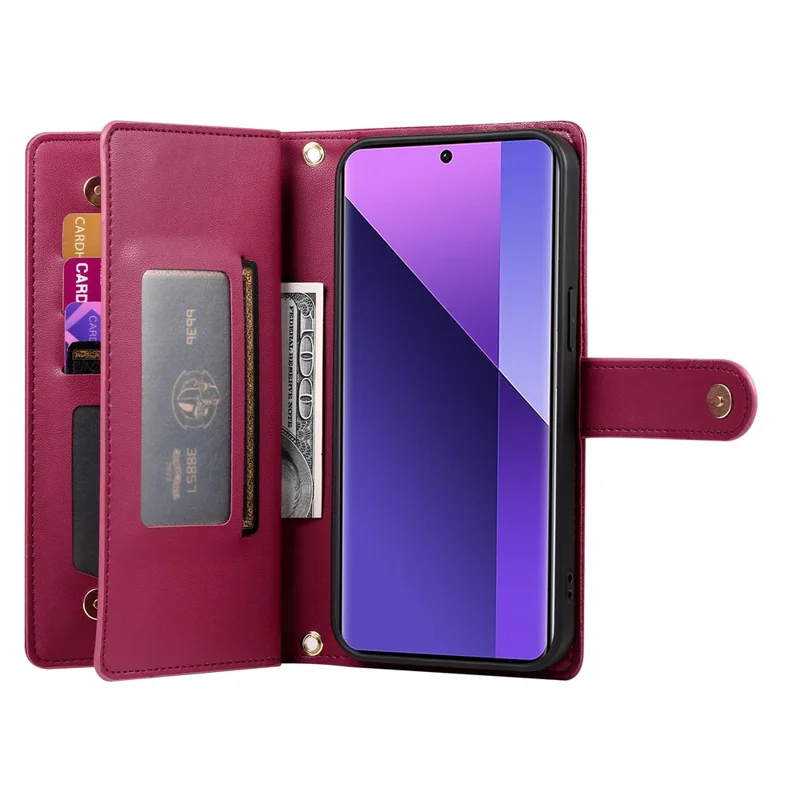 DF-011 Voor Xiaomi Redmi Note 13 Pro+ 5G Hoesje met Rits Portemonnee Leren Telefoonhoes met Standfunctie - Rood