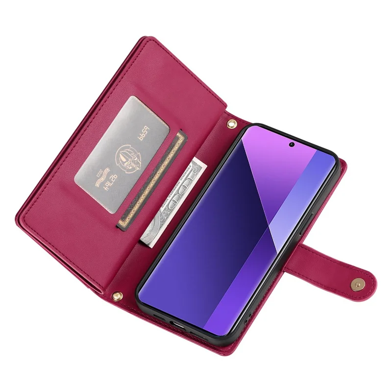 DF-011 Voor Xiaomi Redmi Note 13 Pro+ 5G Hoesje met Rits Portemonnee Leren Telefoonhoes met Standfunctie - Rood