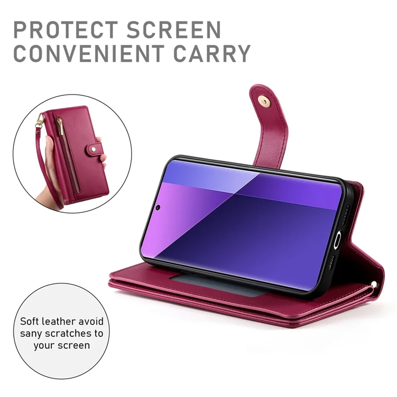 DF-011 Voor Xiaomi Redmi Note 13 Pro+ 5G Hoesje met Rits Portemonnee Leren Telefoonhoes met Standfunctie - Rood