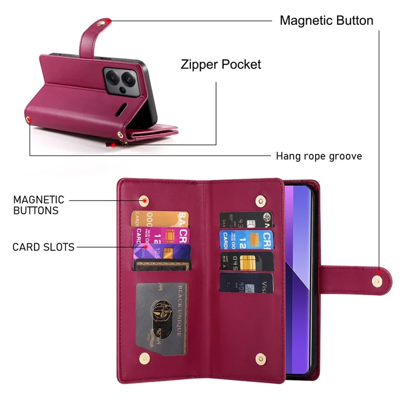 DF-011 Voor Xiaomi Redmi Note 13 Pro+ 5G Hoesje met Rits Portemonnee Leren Telefoonhoes met Standfunctie - Rood