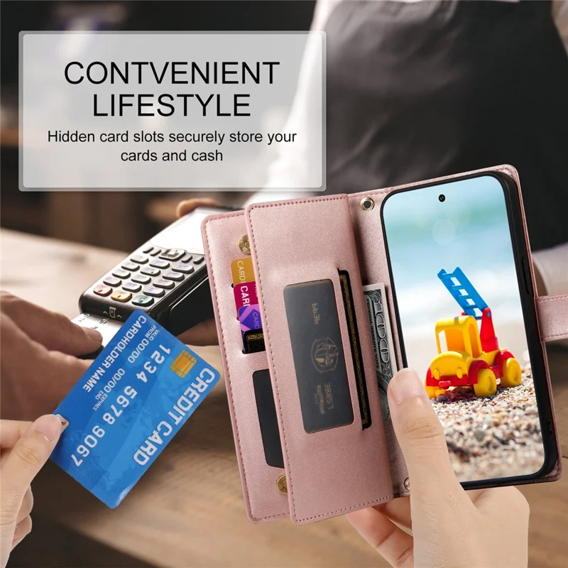 DF-011 For Google Pixel 9 Pro XL Leather Case Zipper Wallet Stand Crossbody Phone Cover - Pink