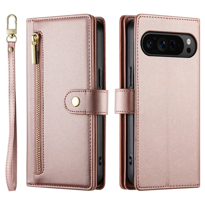 DF-011 For Google Pixel 9 Pro XL Leather Case Zipper Wallet Stand Crossbody Phone Cover - Pink