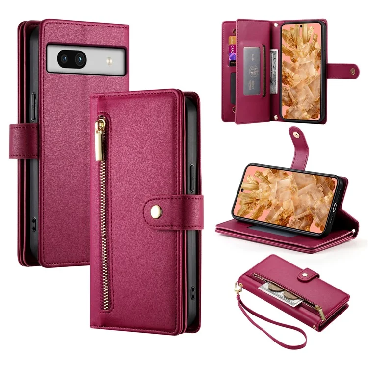 DF-011 For Google Pixel 8 Case Crossbody Leather Phone Cover with Zipper Wallet Card Slots - Rojo